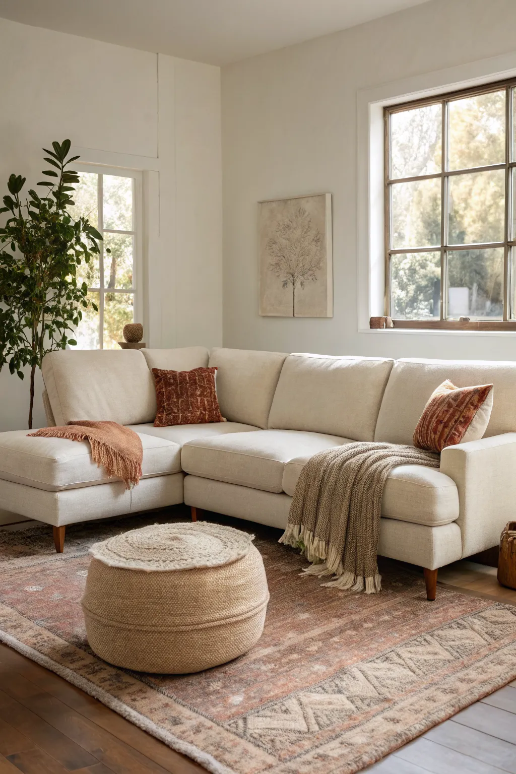 L shaped sectional frames the room and doubles seating with a simple ottoman in the center