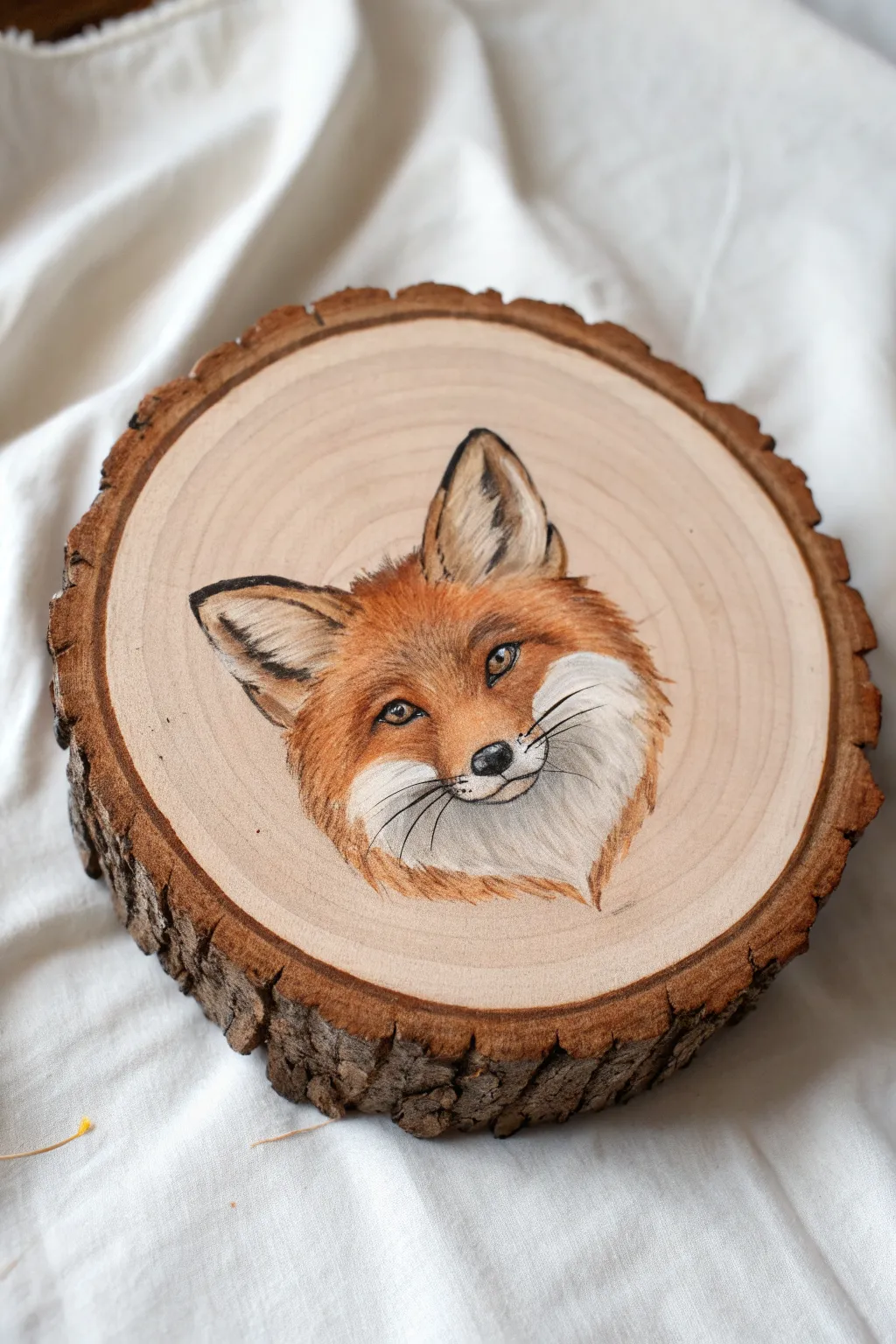 Sweet fox portrait on a wood round, minimalist Scandinavian log painting idea with boho warmth
