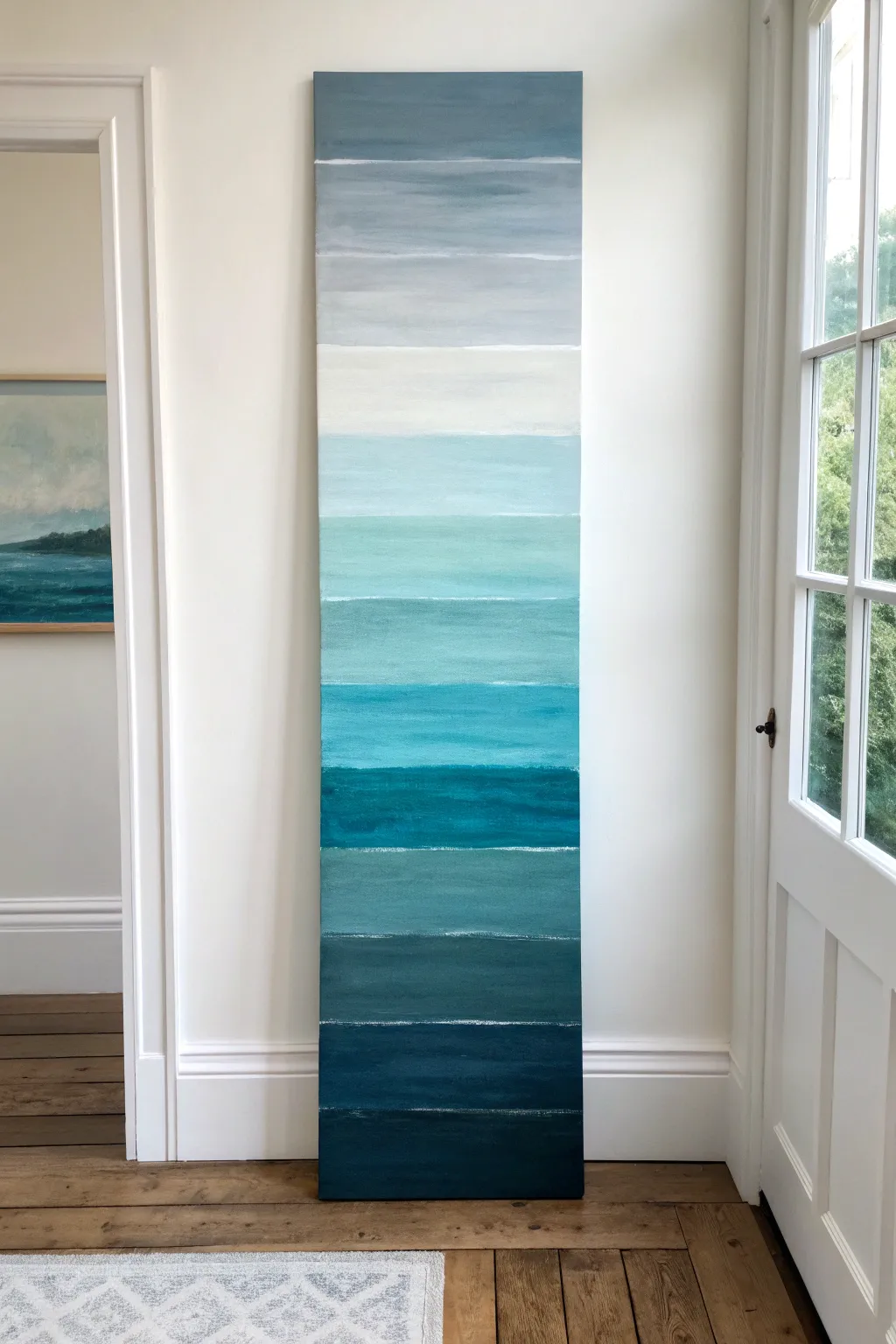 A serene tall coastal study with stacked sky and sea bands for a clean minimalist wall.