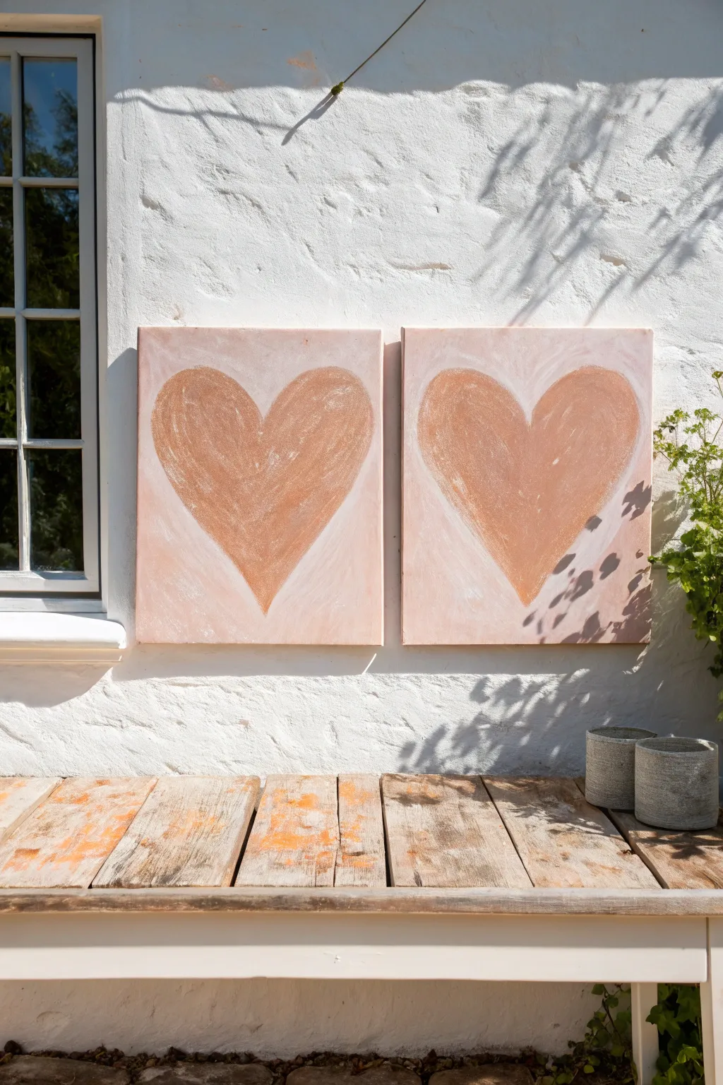 A split-canvas heart diptych, minimalist and boho, perfect for a partner paint night.