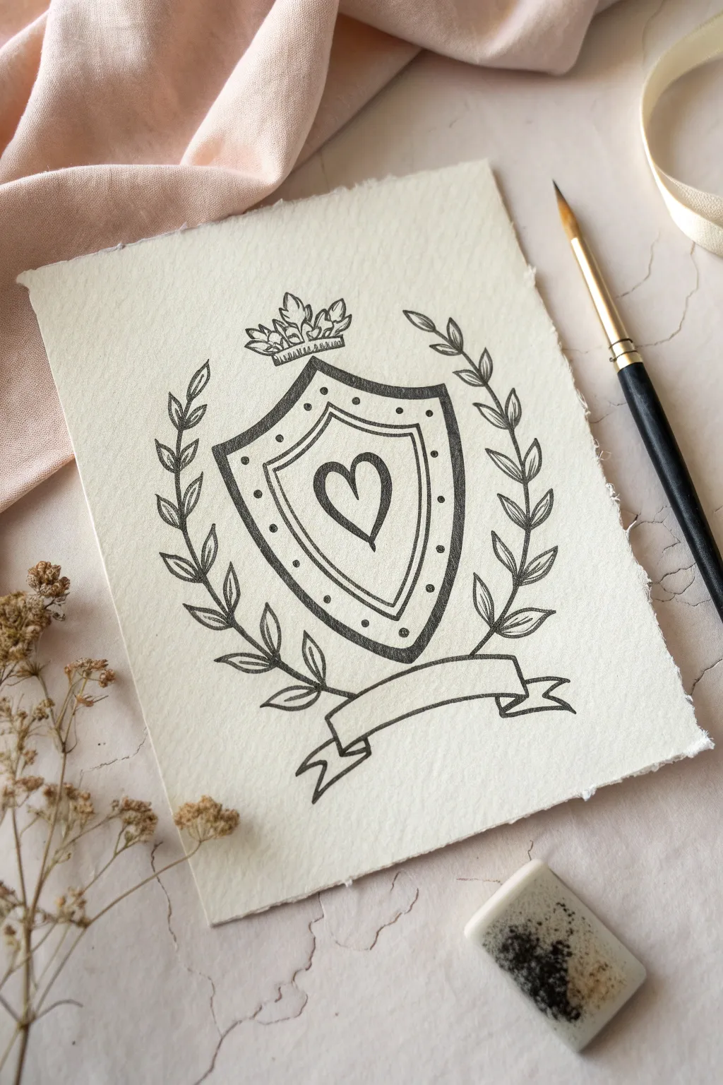 Draw a minimalist shield with a heart crest, celebrating honor and unwavering loyalty.