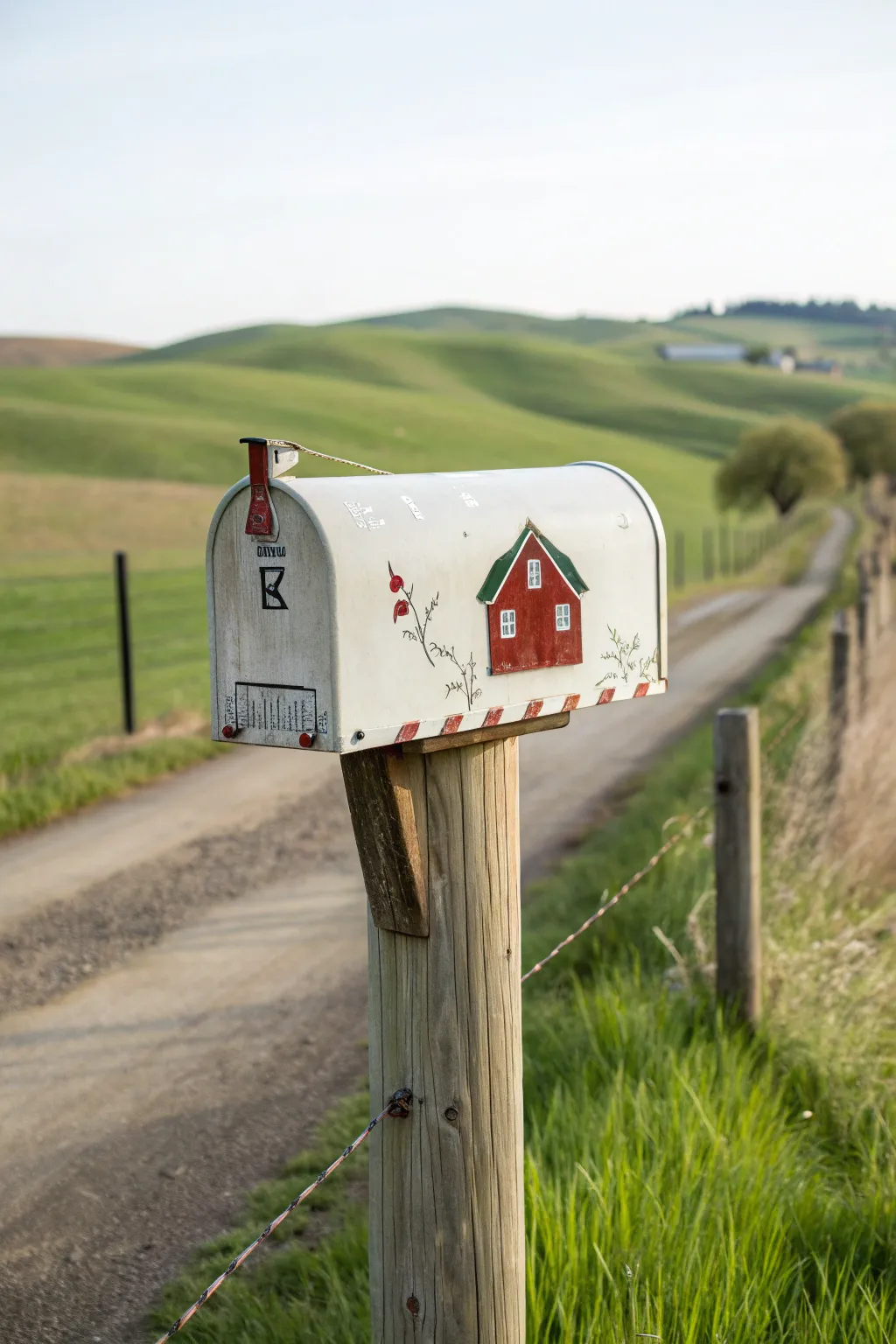 Rustic barn mailbox design with rolling hills, minimalist farmhouse charm for easy painting inspiration.