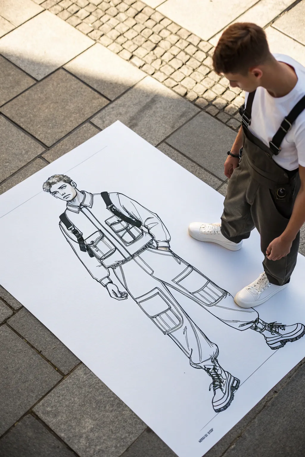 Techwear cargo strap outfit sketch with crisp ink lines and bold contrast, minimalist Scandinavian vibe.