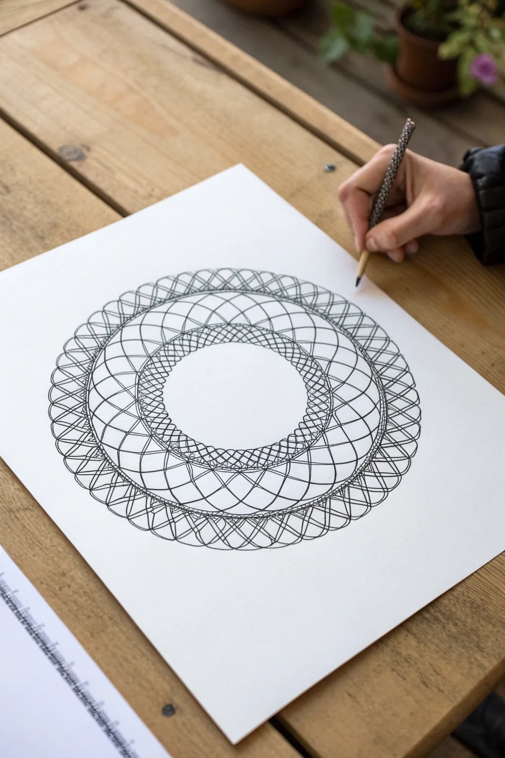 Minimal diamond lattice mandala with fine crosshatch texture and a clean repeating border strip