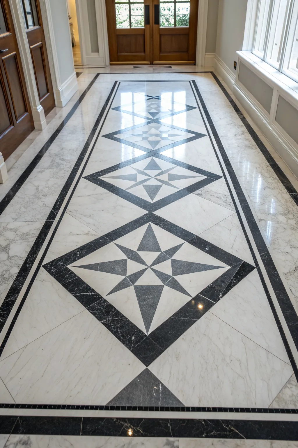 Diamond marble inlays in contrasting tones for a sleek entry floor with a soft, luxe glow