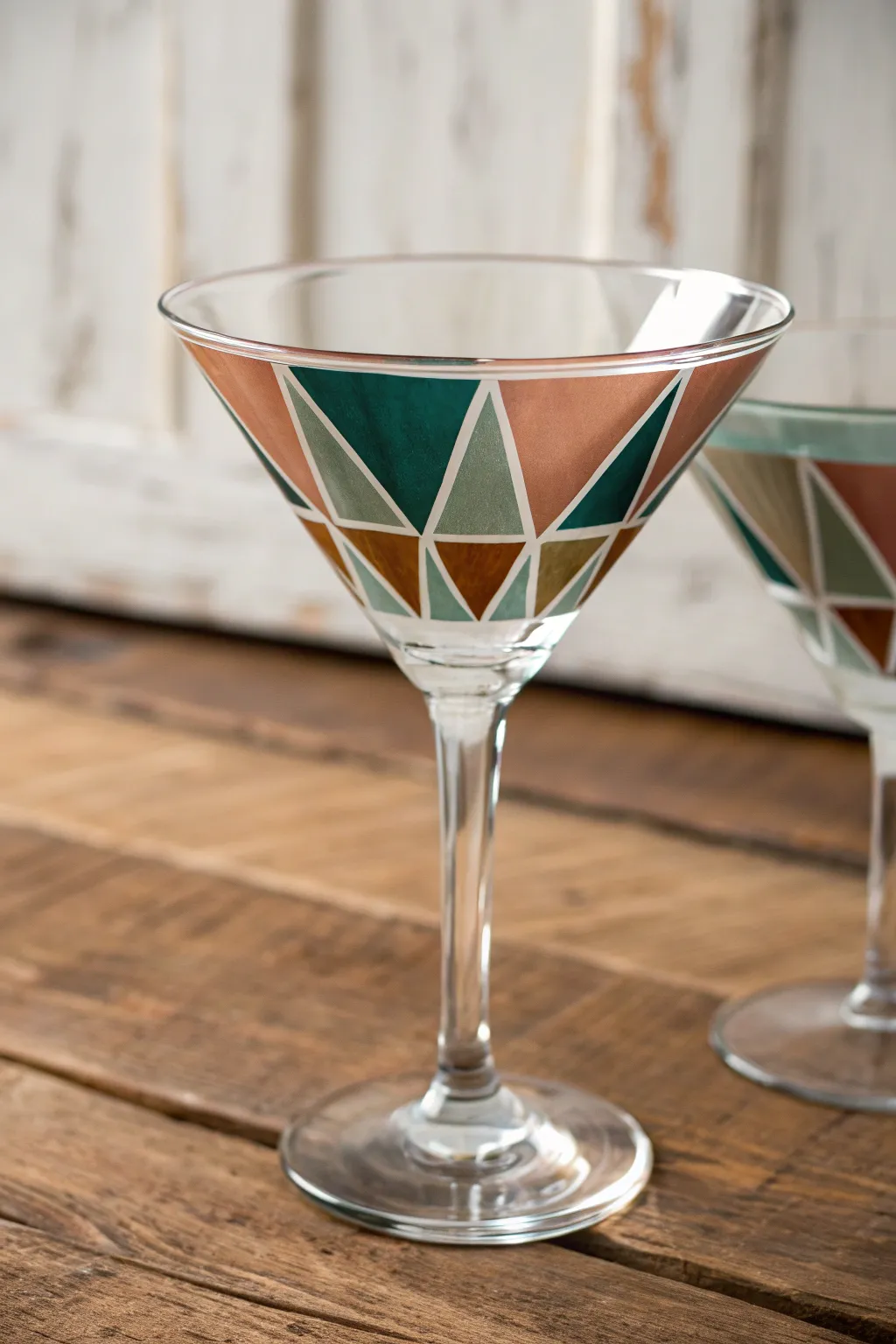 Bold color-block triangle martini glass design with crisp edges and calm Scandinavian boho minimalism.