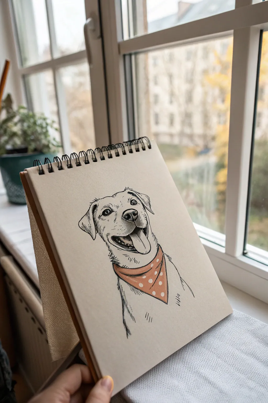 Bandana dog mascot sketch with clean Scandinavian lines, head logo and full-body version for ideas.