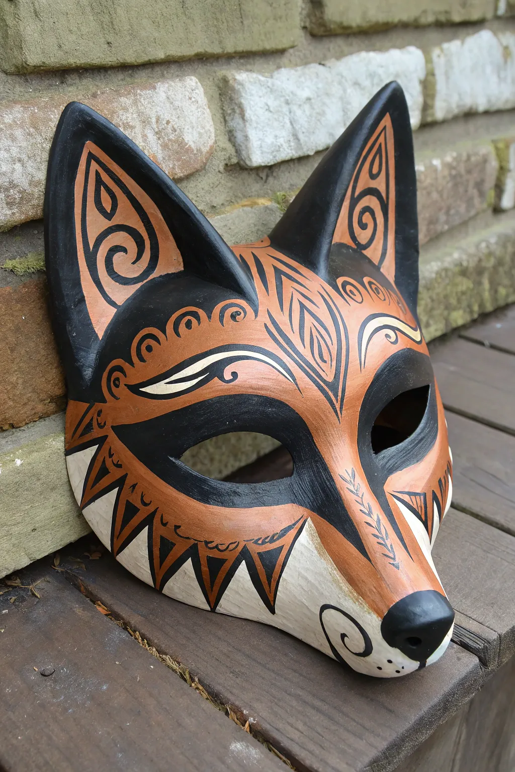 Minimalist animal spirit mask with bold eye markings and warm muzzle tones, ready to paint.
