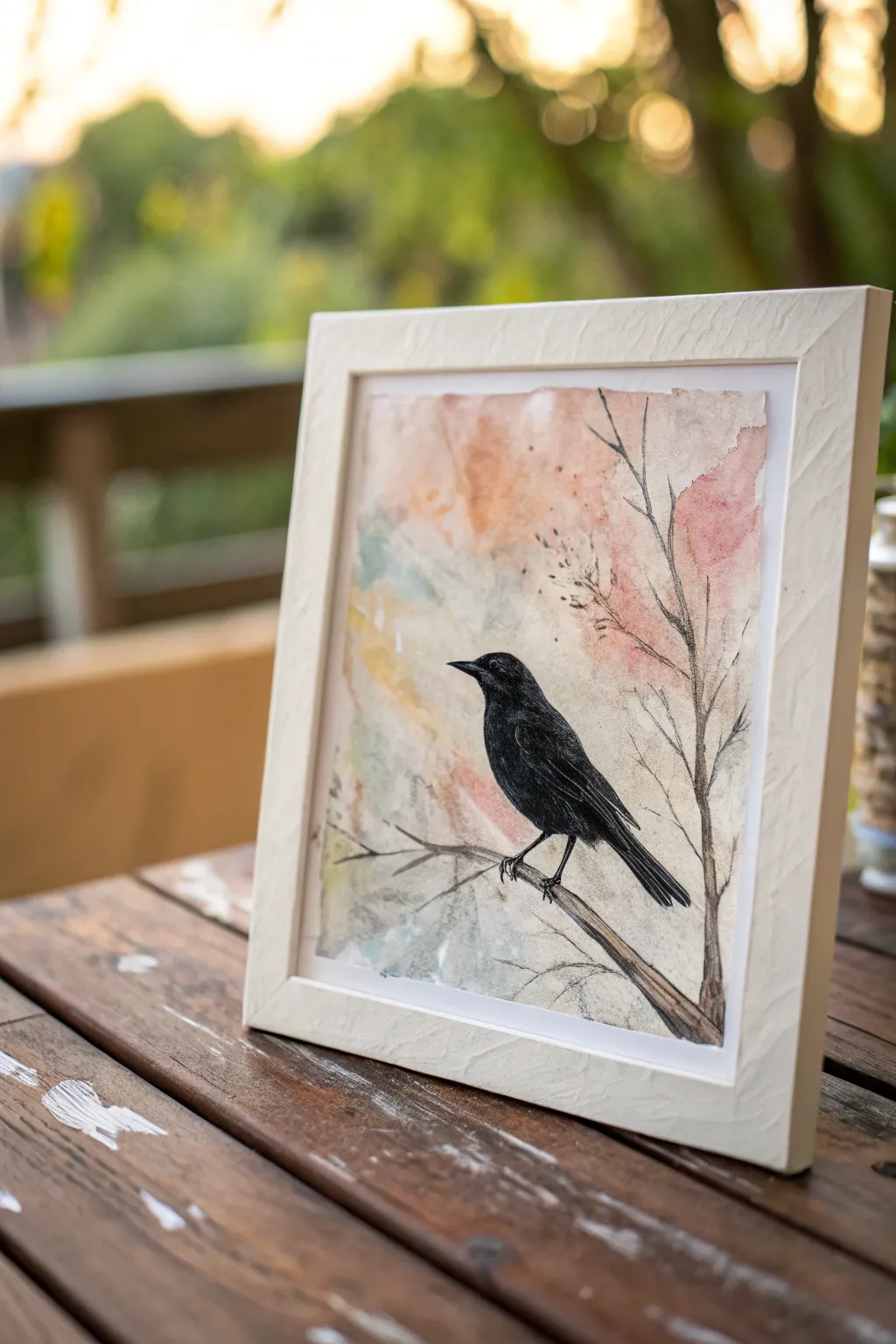 Clean dark silhouette over layered acrylic washes, a minimalist medium painting idea with boho warmth