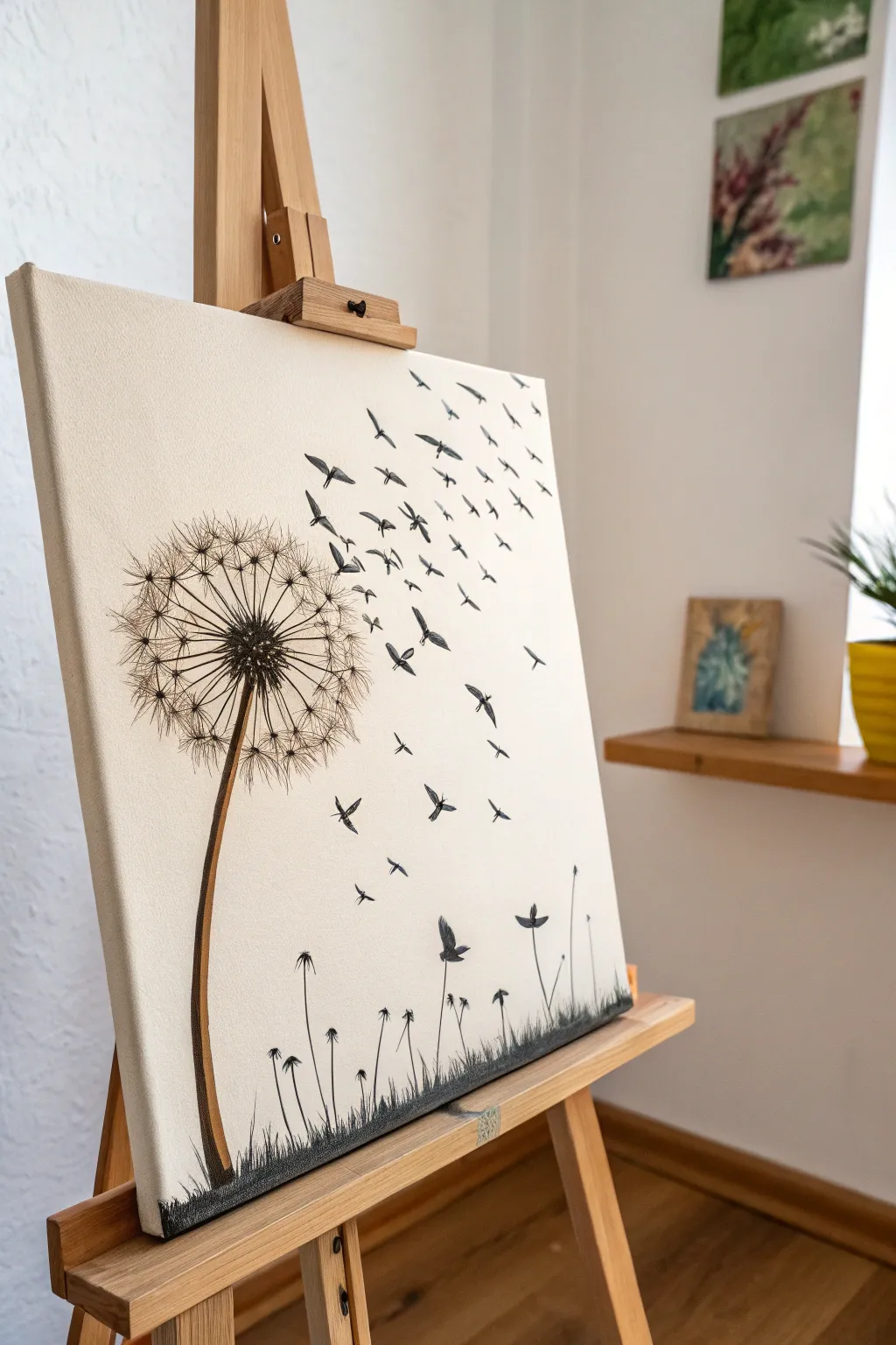 Minimal memorial canvas: dandelion seeds drifting into birds with a calm Scandinavian-boho mood