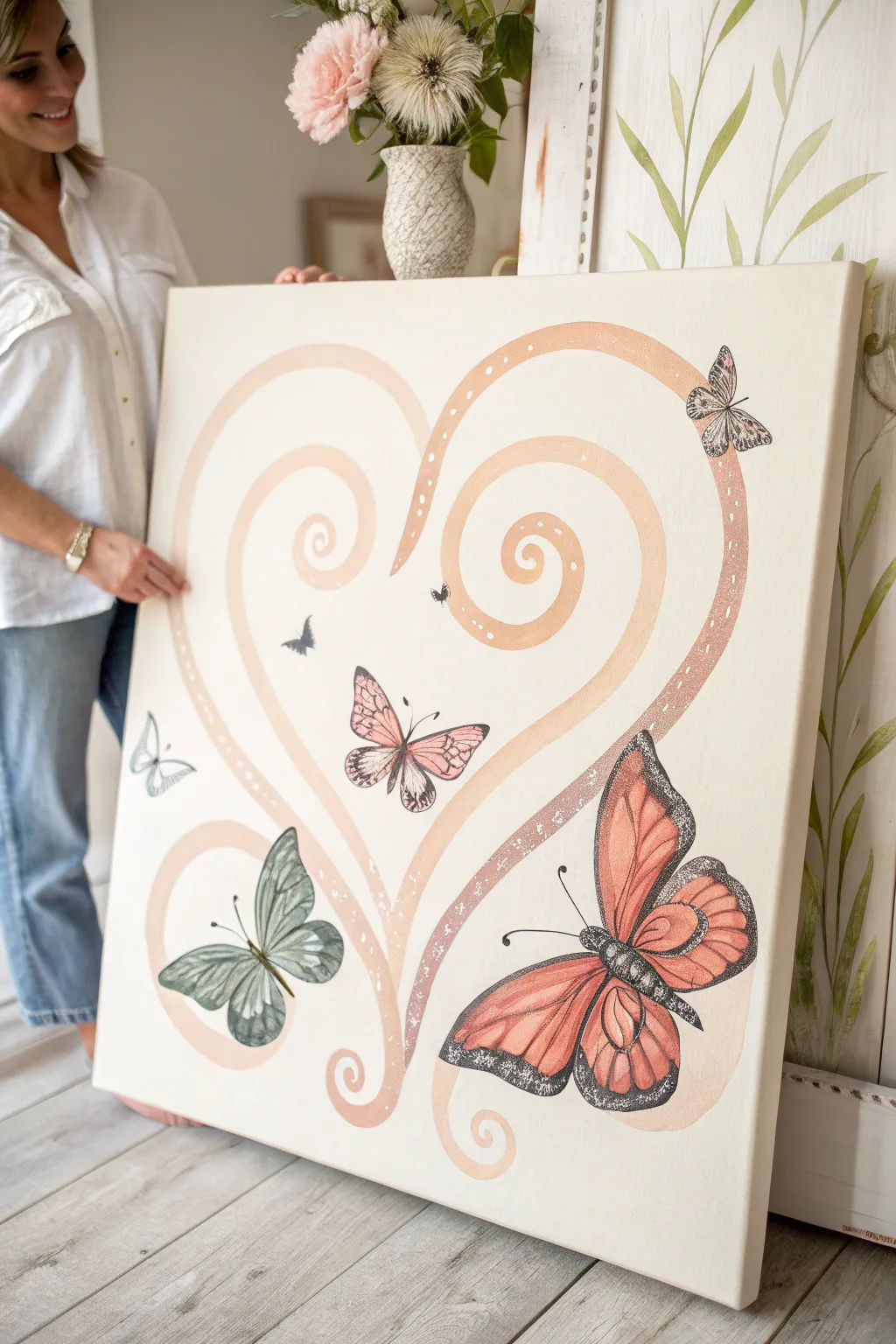 Memorial butterfly swirl painting, a gentle heart of transformation in calm minimalist tones.
