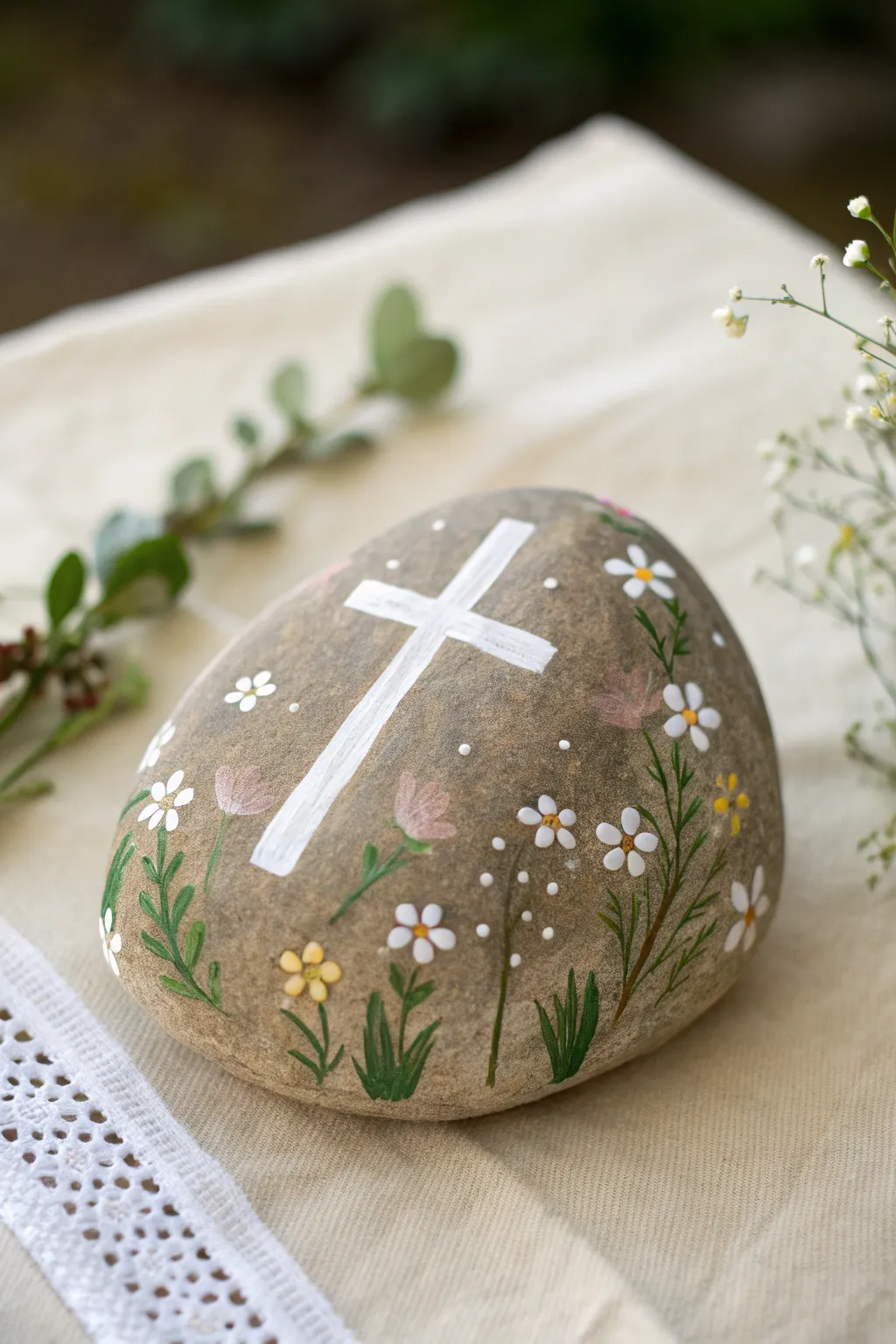 Simple memorial rock with a centered cross and soft florals, calm Scandinavian boho style.