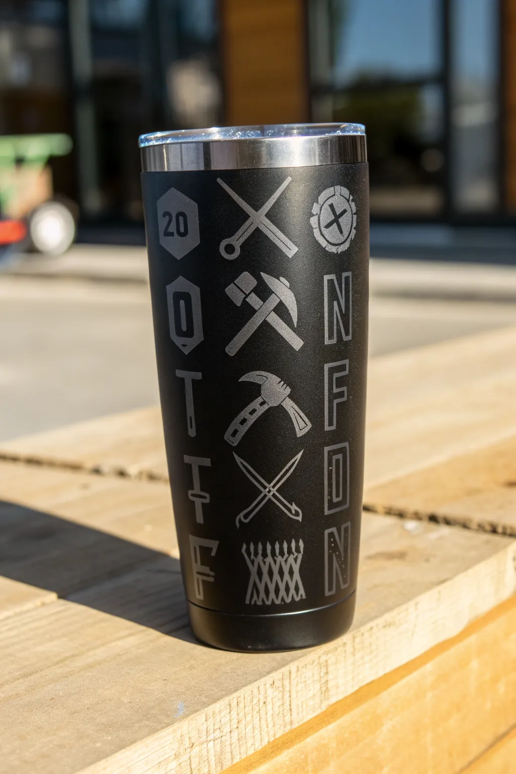 Handmade charcoal epoxy tumbler with rugged tool icons, clean minimalist garage styling.