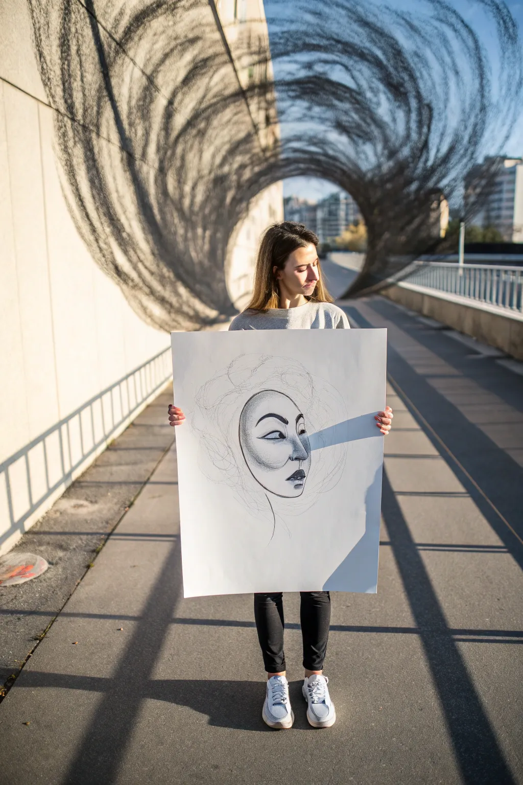 Draw the mask you show and the shadow self behind it in a calm, high-contrast minimalist style