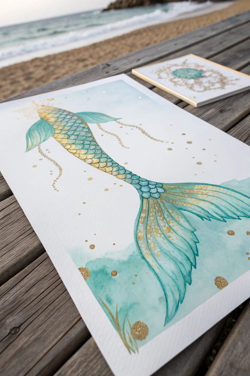 Elegant mermaid tail framed by flowing seaweed and bubble trails in a calm minimalist palette