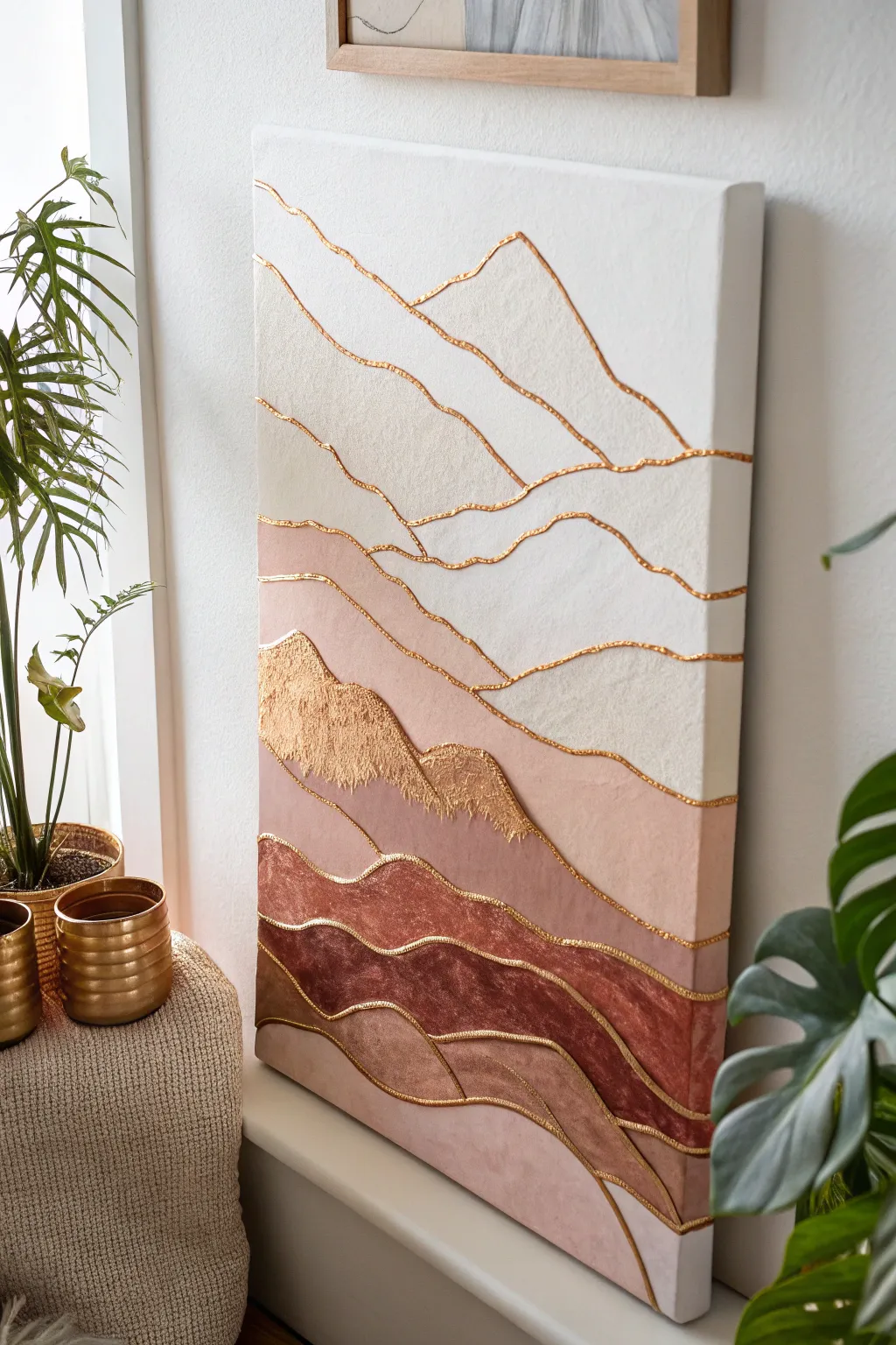 Minimal mountain ridges with copper and rose-gold metallic lines for chic acrylic inspiration