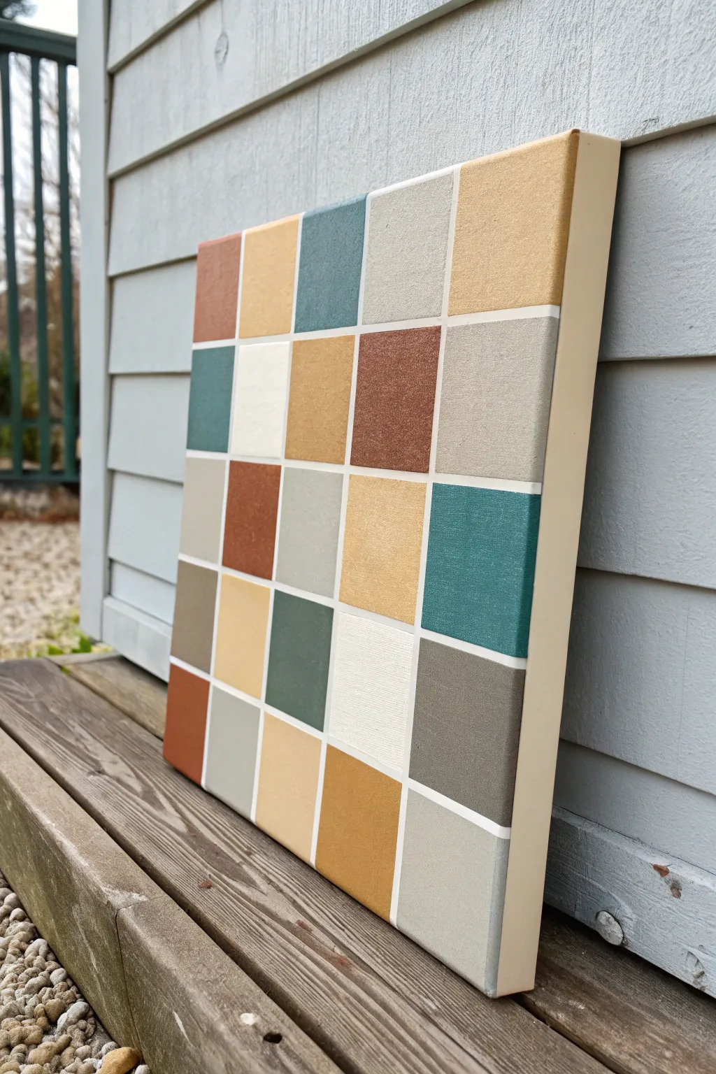 Bauhaus grid in warm neutrals with one bold accent, a clean mid-century modern statement.