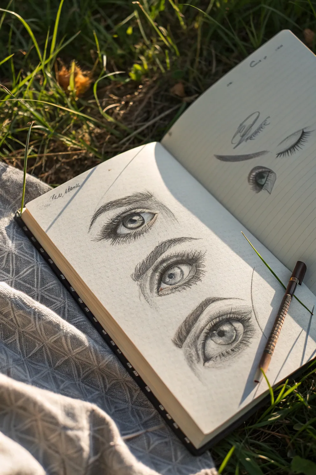 Mini eye and lash studies in a clean sketchbook layout, perfect for tiny drawing practice.