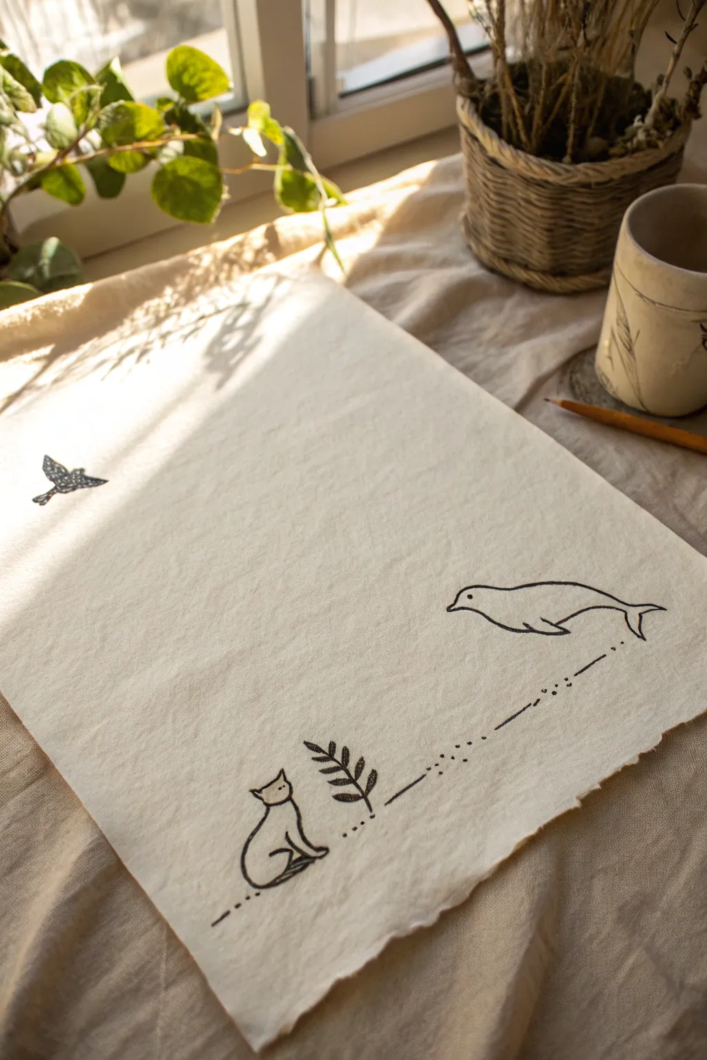 Minimalist one-line animal profile idea: a single continuous stroke on handmade paper.