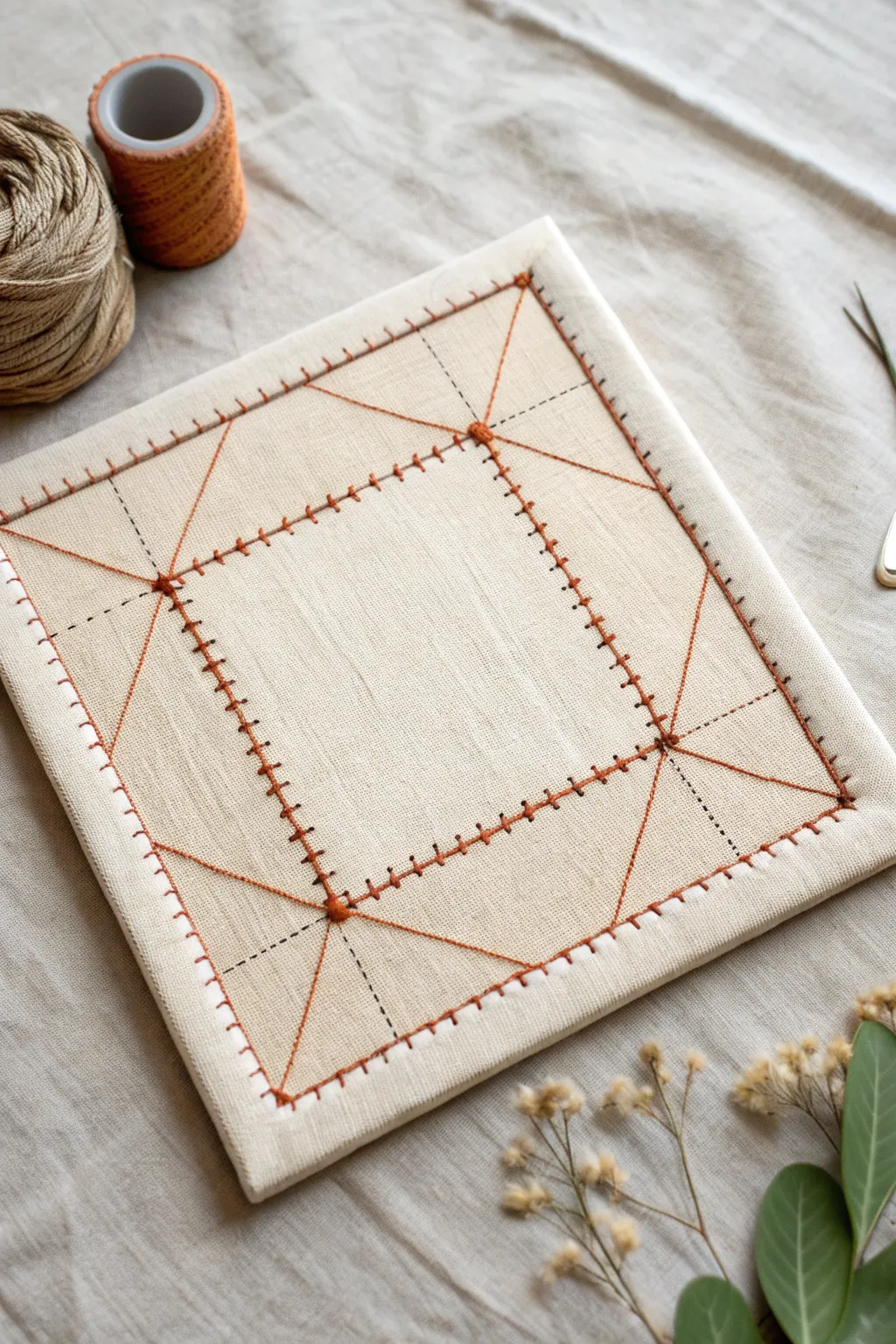 Hand-stitched mixed media canvas with tiny knots and warm thread lines for tactile texture.