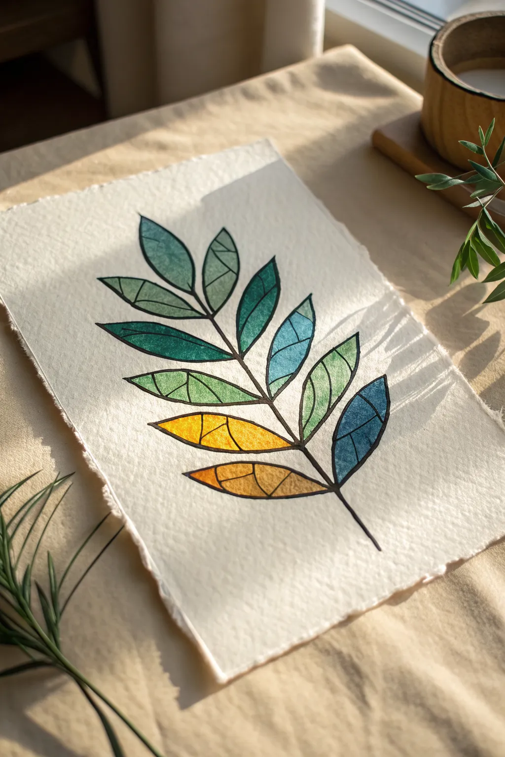 Stained-glass leaf drawing idea with bold black leading and jewel-tone panels, clean and modern.