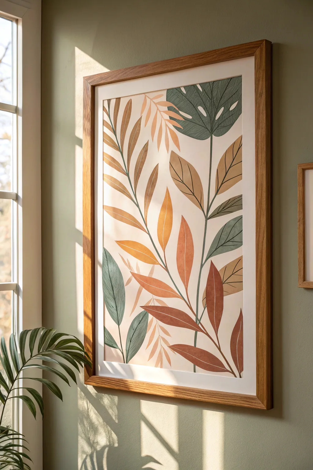 Modern leaf silhouettes in muted greens, centered as the calm focal point in a minimal nook.
