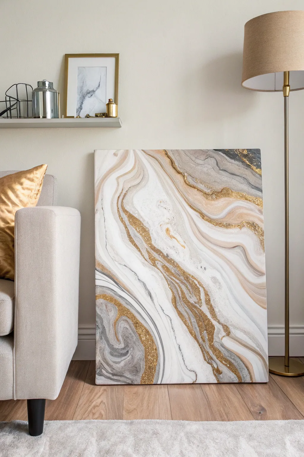 Marble-swirled abstract canvas with soft metallic pops, styled for a calm modern living room
