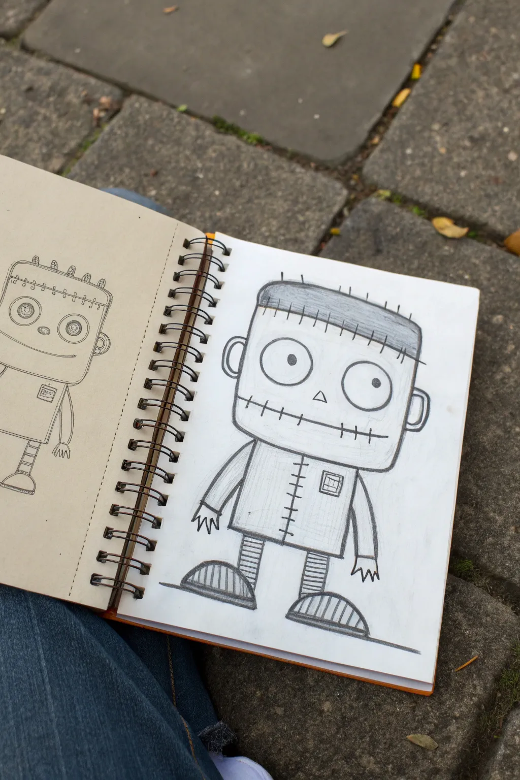 Learn this stitched square-head monster sketch with construction lines and clean ink finish.