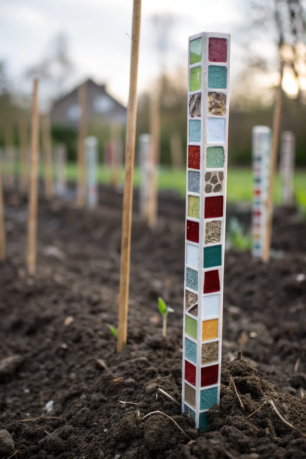 Dew-kissed mosaic garden stake in vivid tiles and crisp grout, glowing in soft morning light.