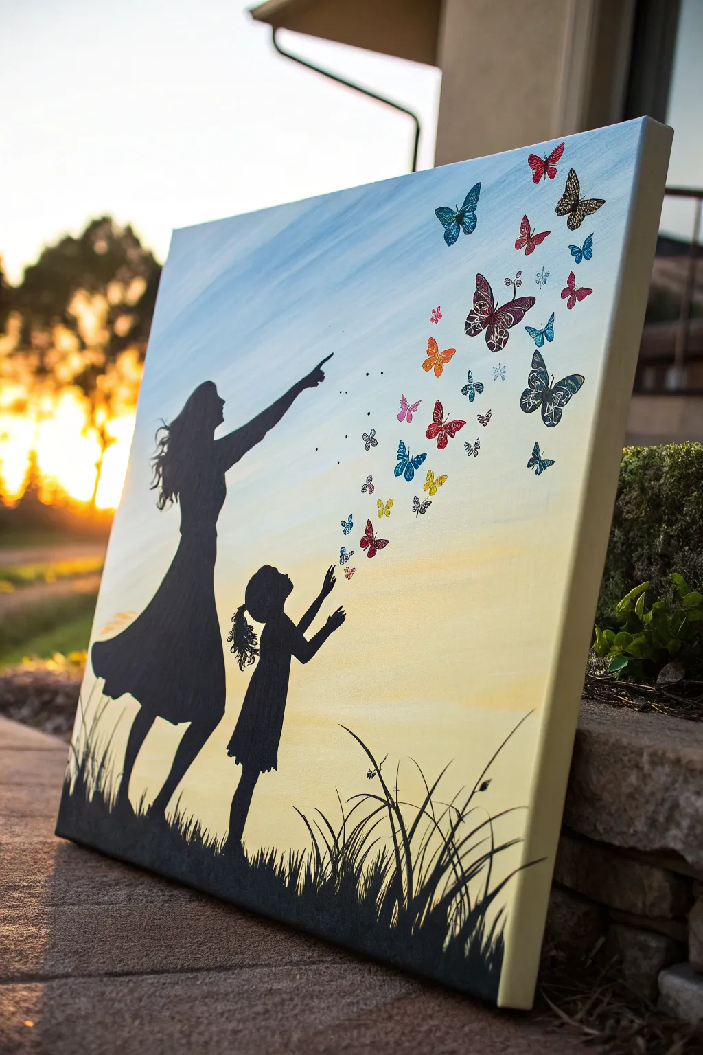 Paint a tender mother-daughter silhouette releasing colorful butterflies into a bright sky