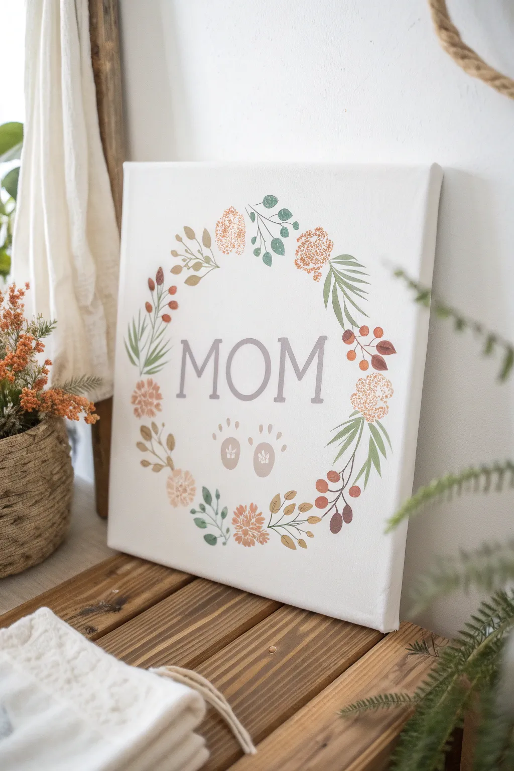 Handprint wreath canvas with tiny fingerprint berries, minimalist boho Mothers Day toddler art