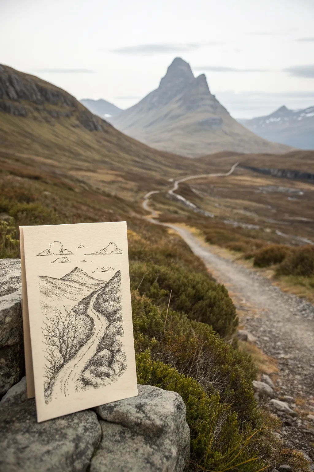Minimal mountain trail sketch: dark foreground path fading into soft distant peaks