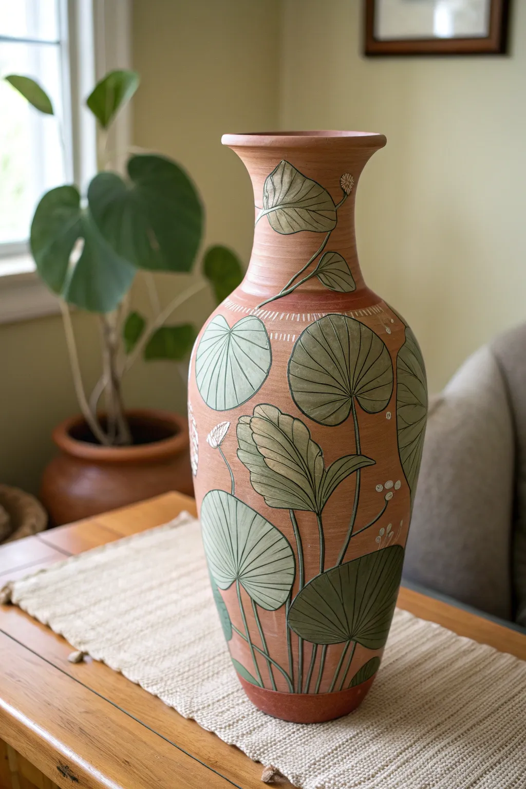 Layered green leaves and soft shading bring this terracotta mud vase to life in calm light