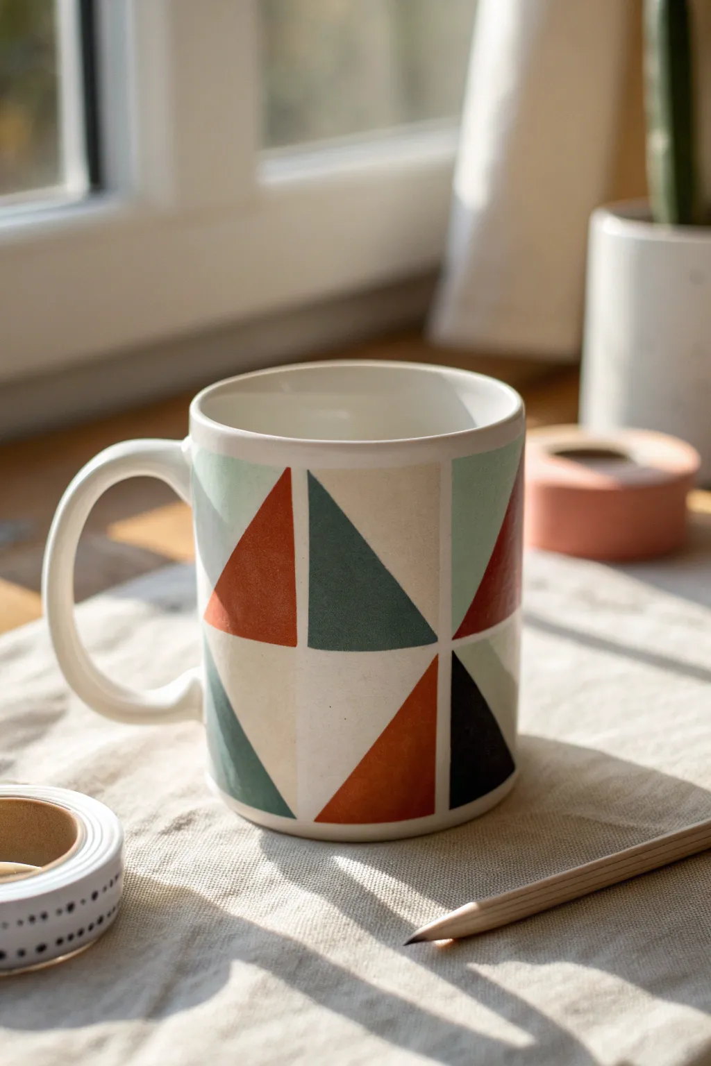 Bold geometric color block mug with crisp tape lines for clean, modern DIY painting.