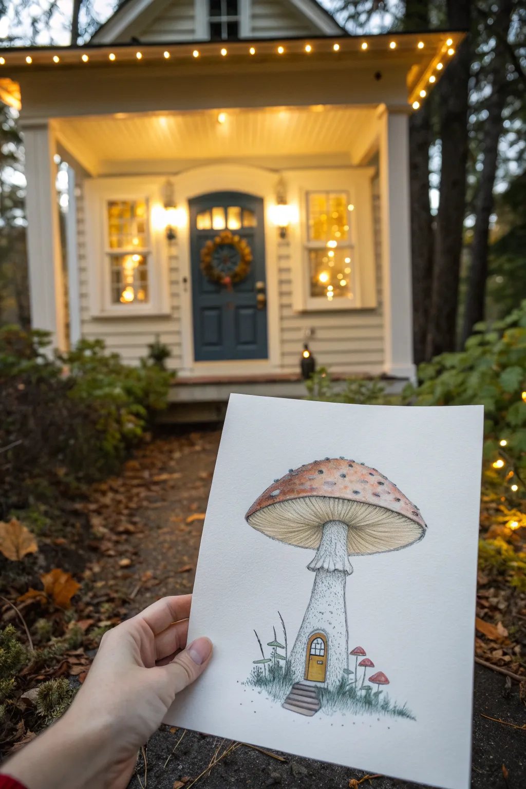 Fairy-lit mushroom house drawing idea with warm windows, cool night blues, and softly glowing spores