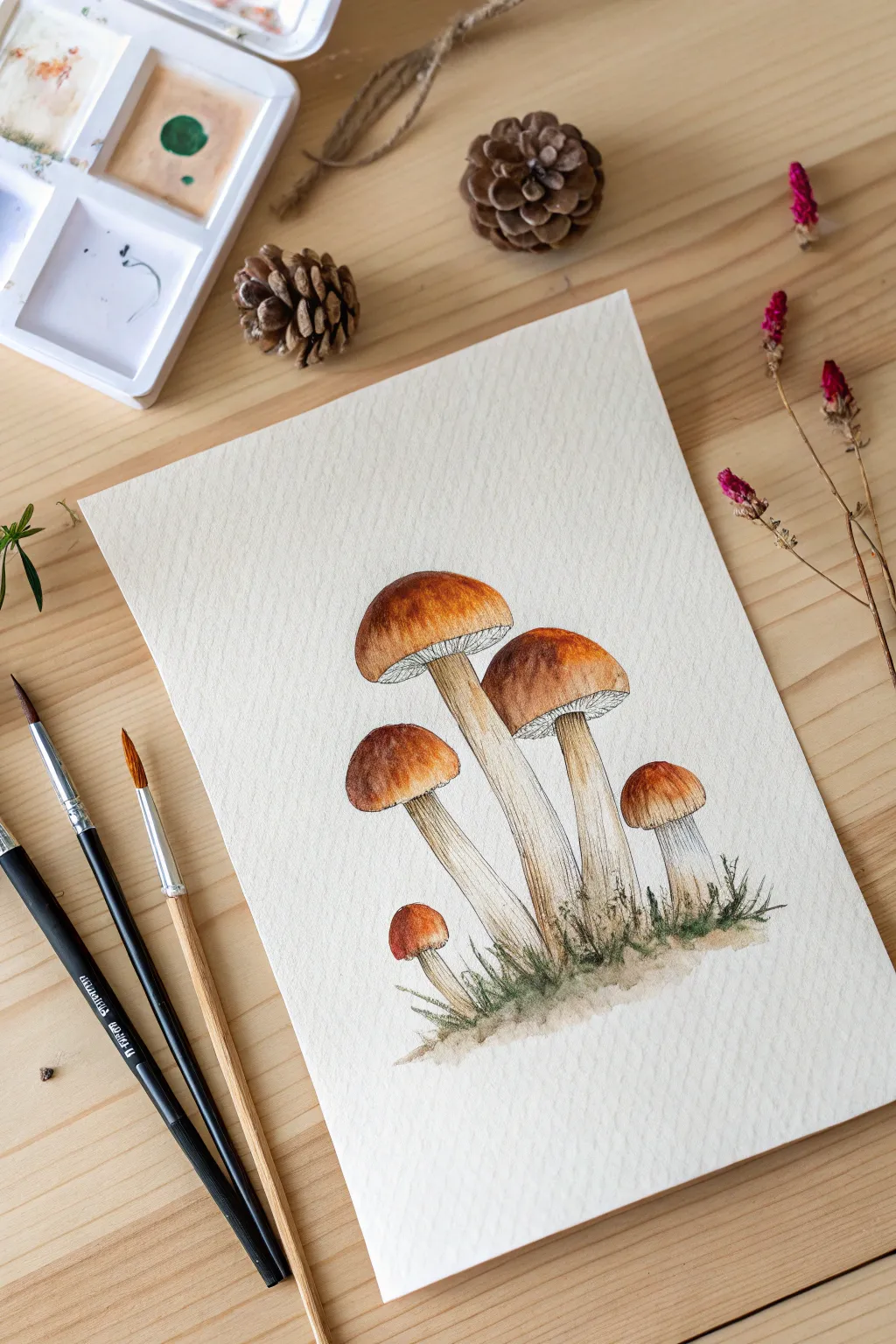 Odd-number mushroom cluster: five tiny caps in warm earth tones, clean and easy to paint.