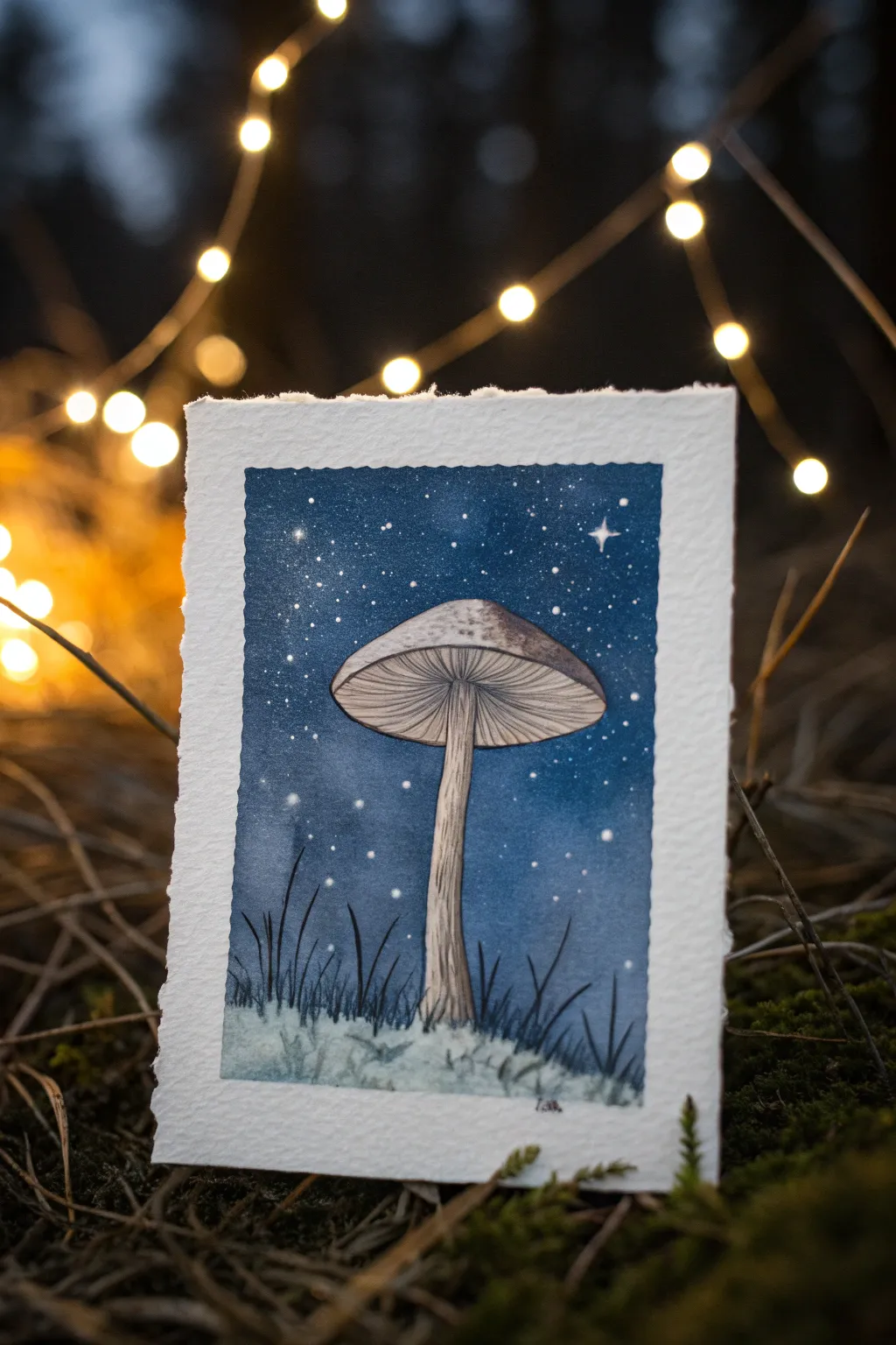 Minimalist mushroom silhouette beneath an indigo starry sky, with soft glowing fireflies nearby