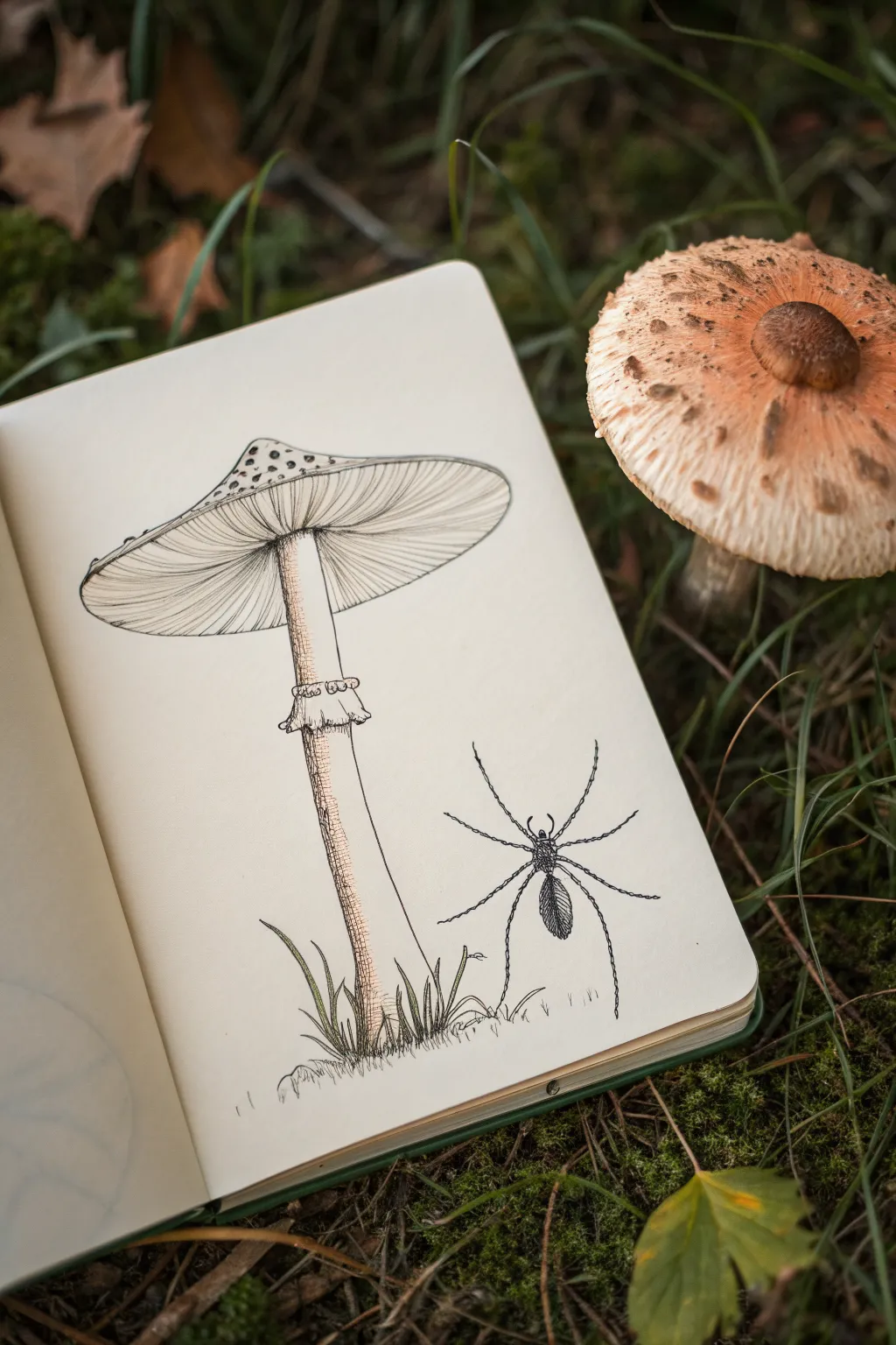 Minimalist weirdcore mushroom with spindly walking legs, crisp ink lines and soft boho neutrals
