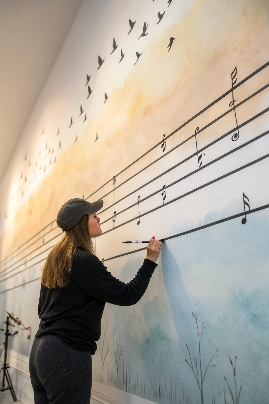 Minimalist music notes transform into birds, a dreamy mural idea with calm Scandinavian boho mood