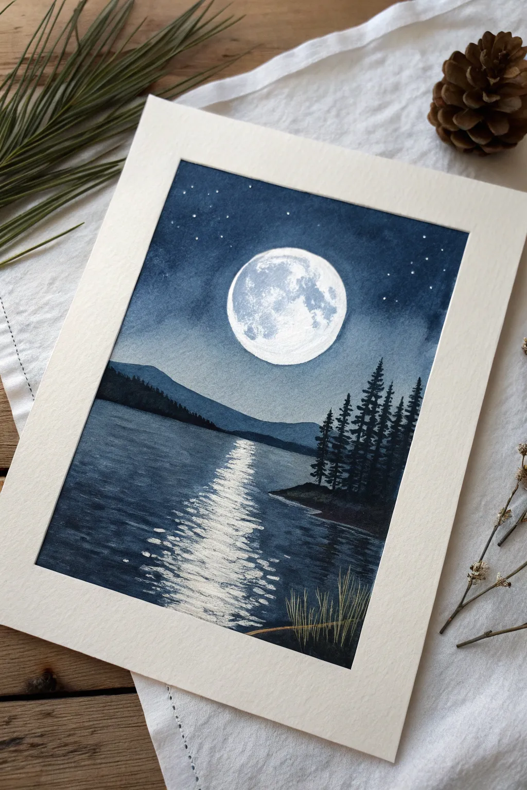 Moonlit lake painting idea: a glowing moon and silver reflection path in calm minimalist style.