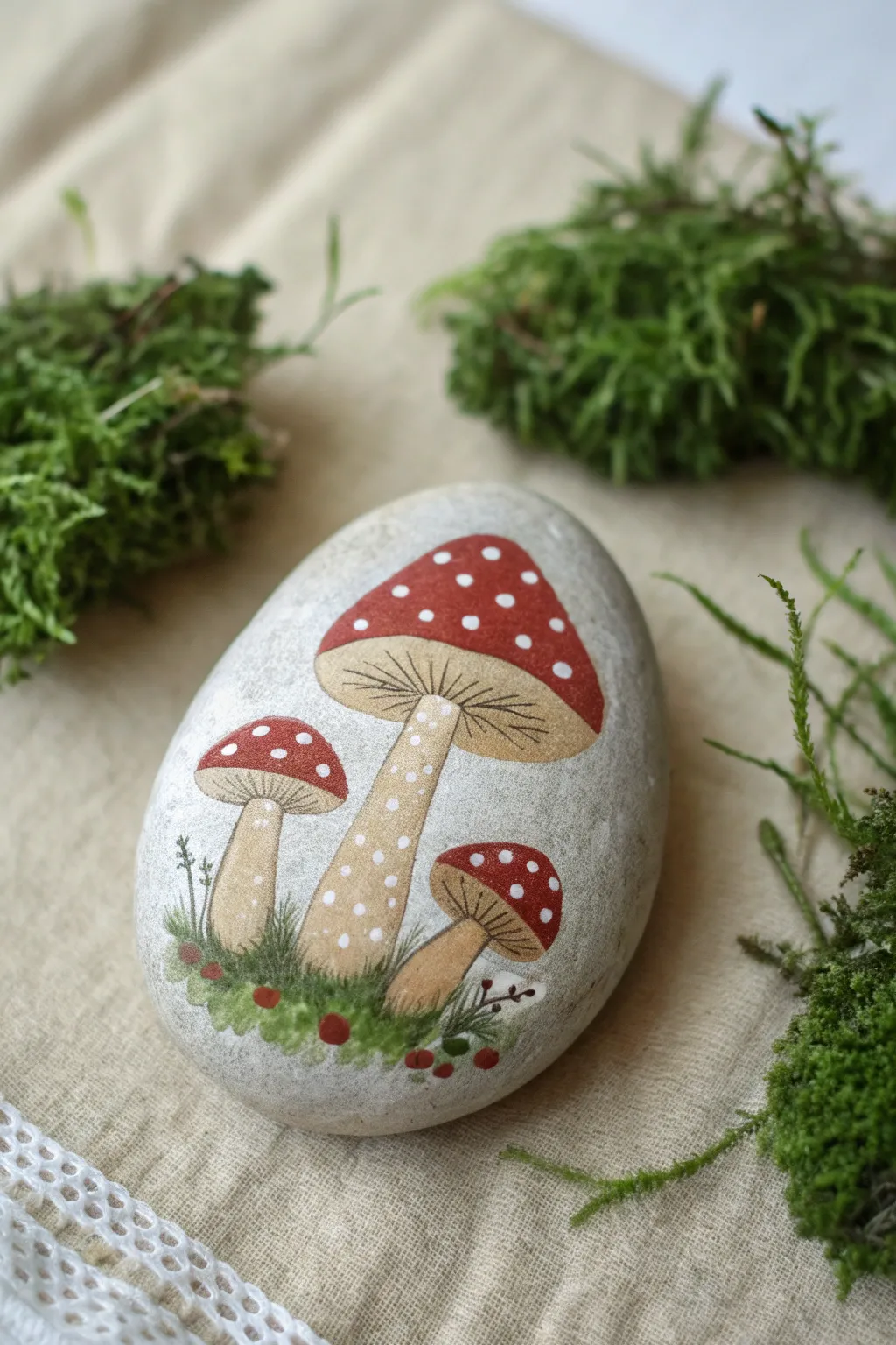 Cozy mushroom trio on a mossy painted stone, simple woodland charm with soft Nordic vibes