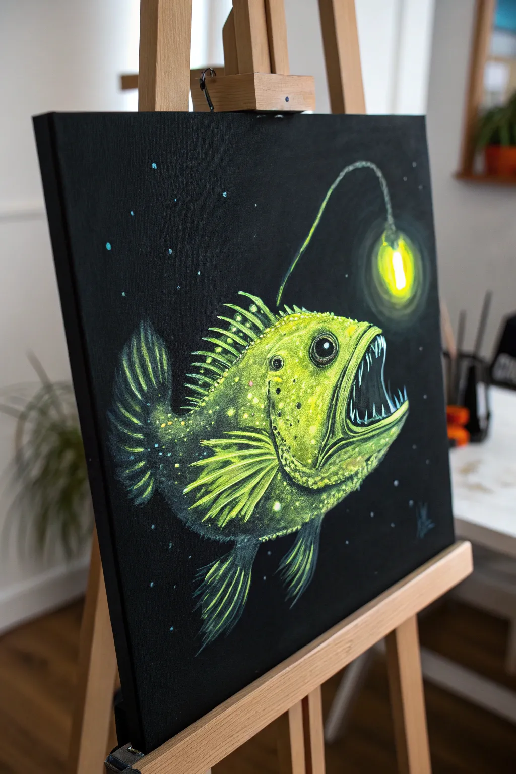 Neon anglerfish on black canvas, glowing lure and soft fade for bold minimalist contrast
