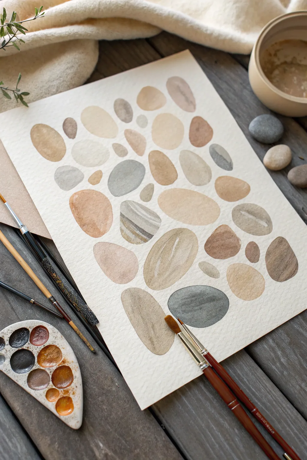 Abstract pebble shapes in calm neutrals, a minimalist boho painting idea to try today.
