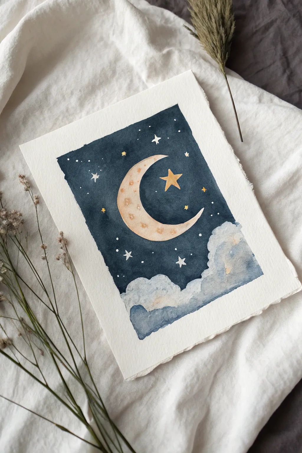 Dreamy moon-and-stars nursery art: a tiny sleeping newborn on a cloud in a calm night sky