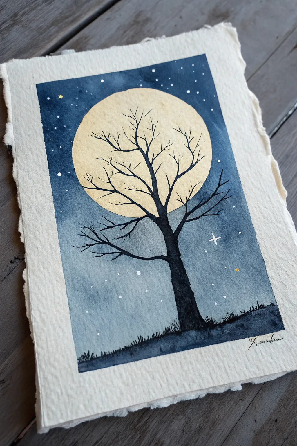 Minimal night sky sketch: bare winter tree silhouette reaching into a bright full moon