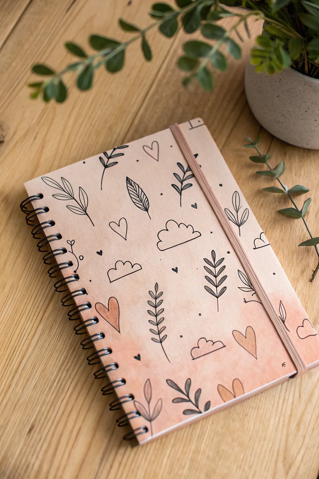 Soft ombré notebook cover with floating doodles, minimalist Scandinavian boho inspiration
