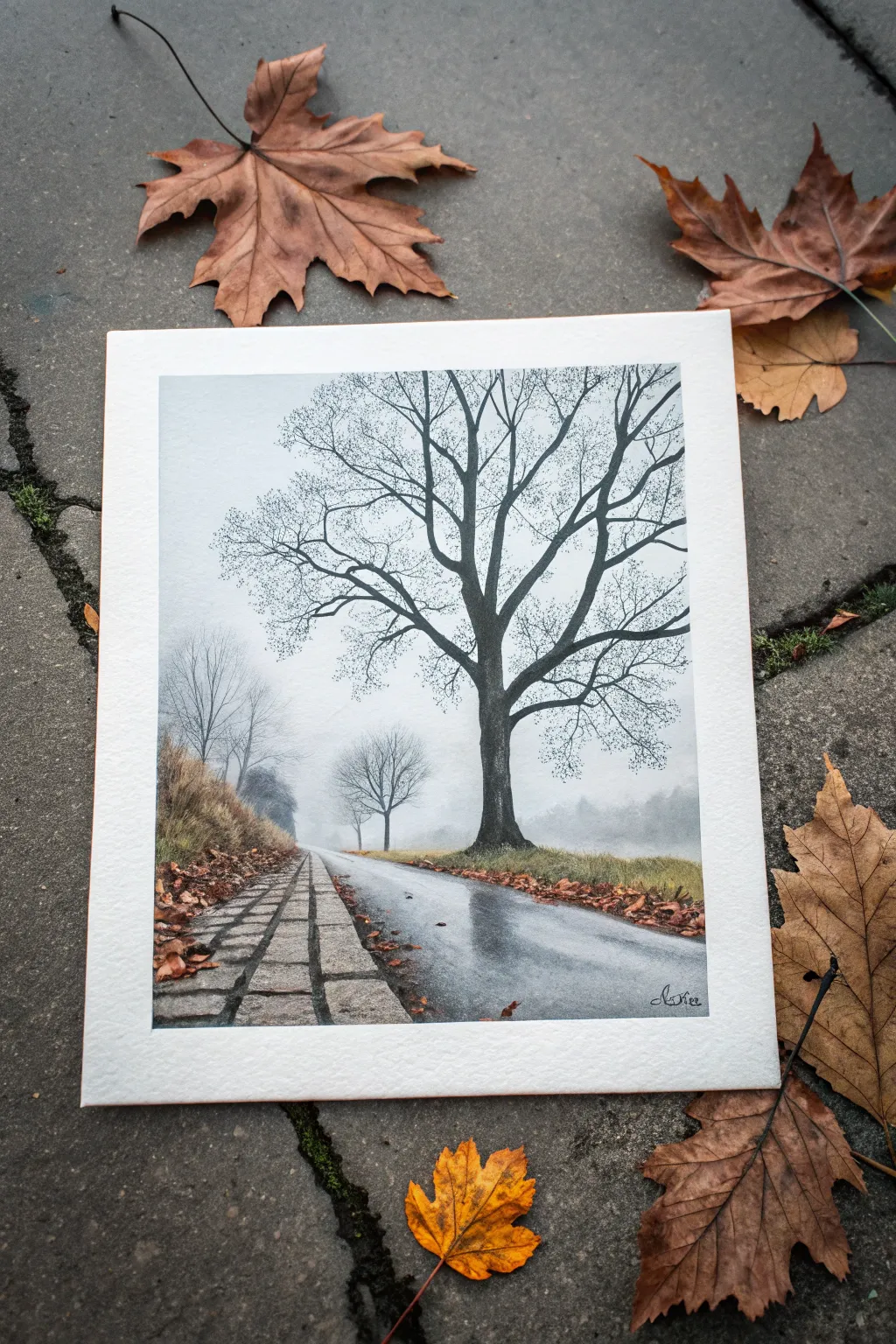 Falling leaves in a windy November street scene, painted simply with cool grays and warm ochres.