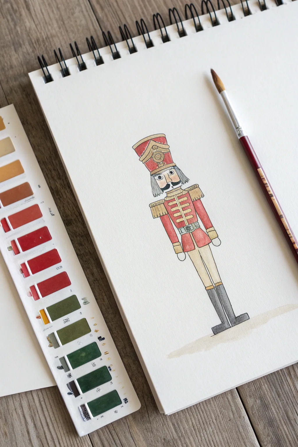 Holiday nutcracker drawing with matching palette swatches in reds, greens, gold, and cream.