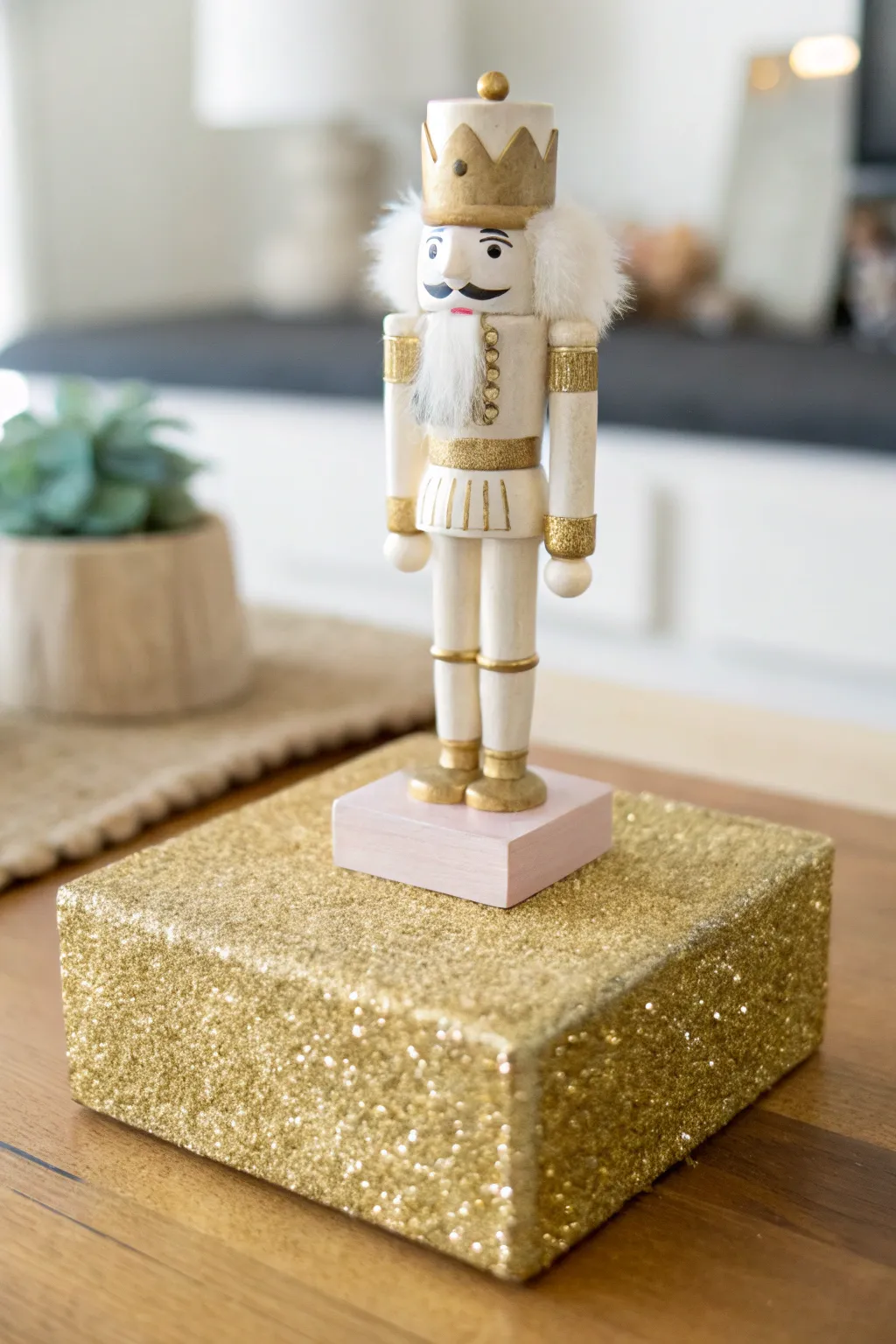 Hide messy paint drips and add a festive touch with a chunky gold glitter base.