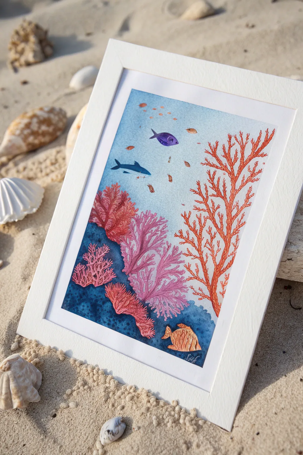 Color-pop coral reef layers in pink, orange, and purple against deep blue, minimalist sea art